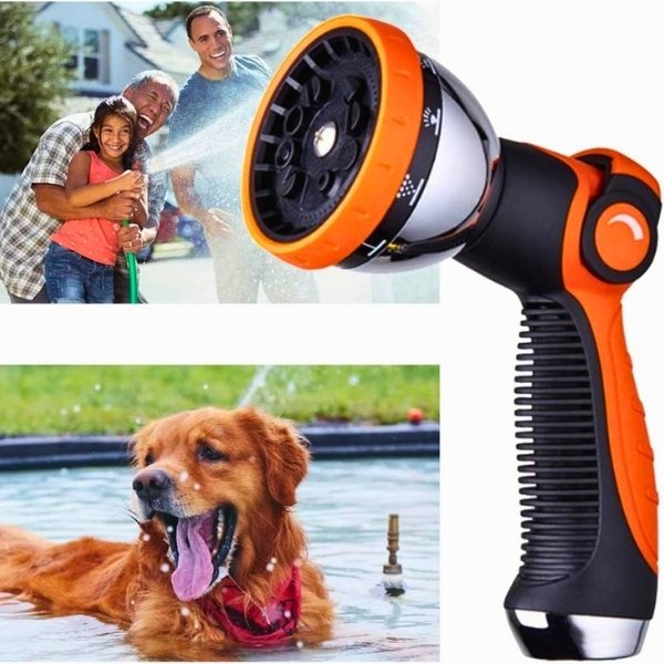 A hose spray nozzle that is versatile and easy to use and provides good pressure to water plants, clean cars, clean patios, and shower pets.