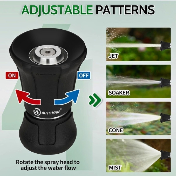 A durable, solid high-pressure garden hose nozzle that provides a strong spray to wash vehicles, clean patios, water plants, and other difficult tasks in the yard.