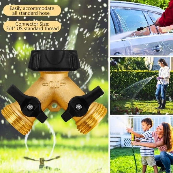 An easy-to-use hose which allows you to attach two garden hoses to one water tap and use each hose independently.