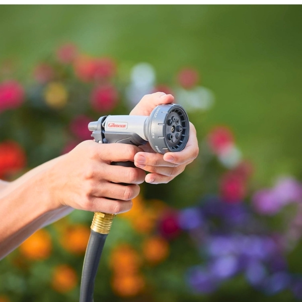 An easy-to-use and comfortable spray nozzle that fits a water hose allowing you to change the level of water pressure easily to water plants and do some gentle clean up of the yard.